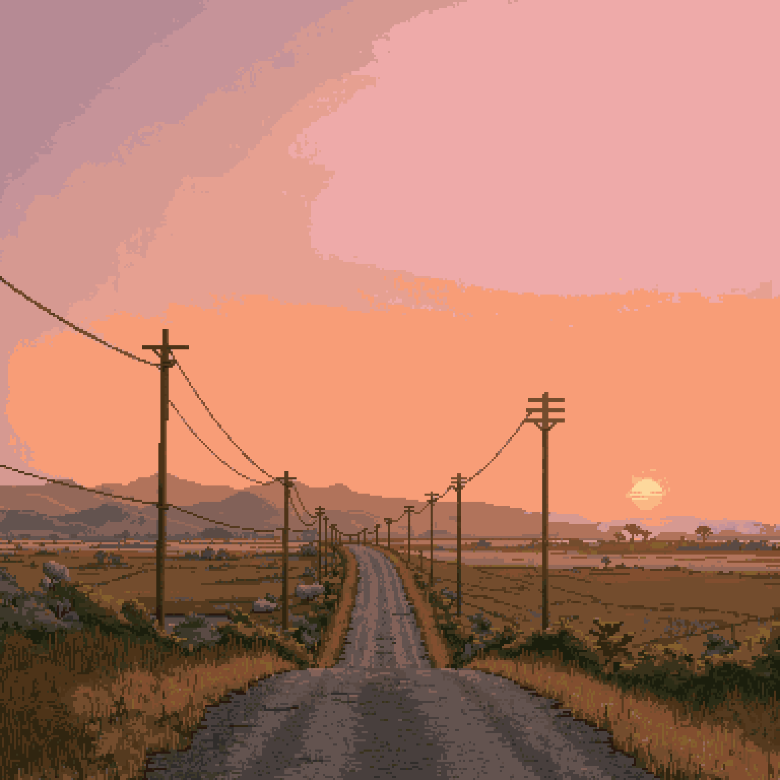 Pixel-art country road lined with telephone poles at sunset