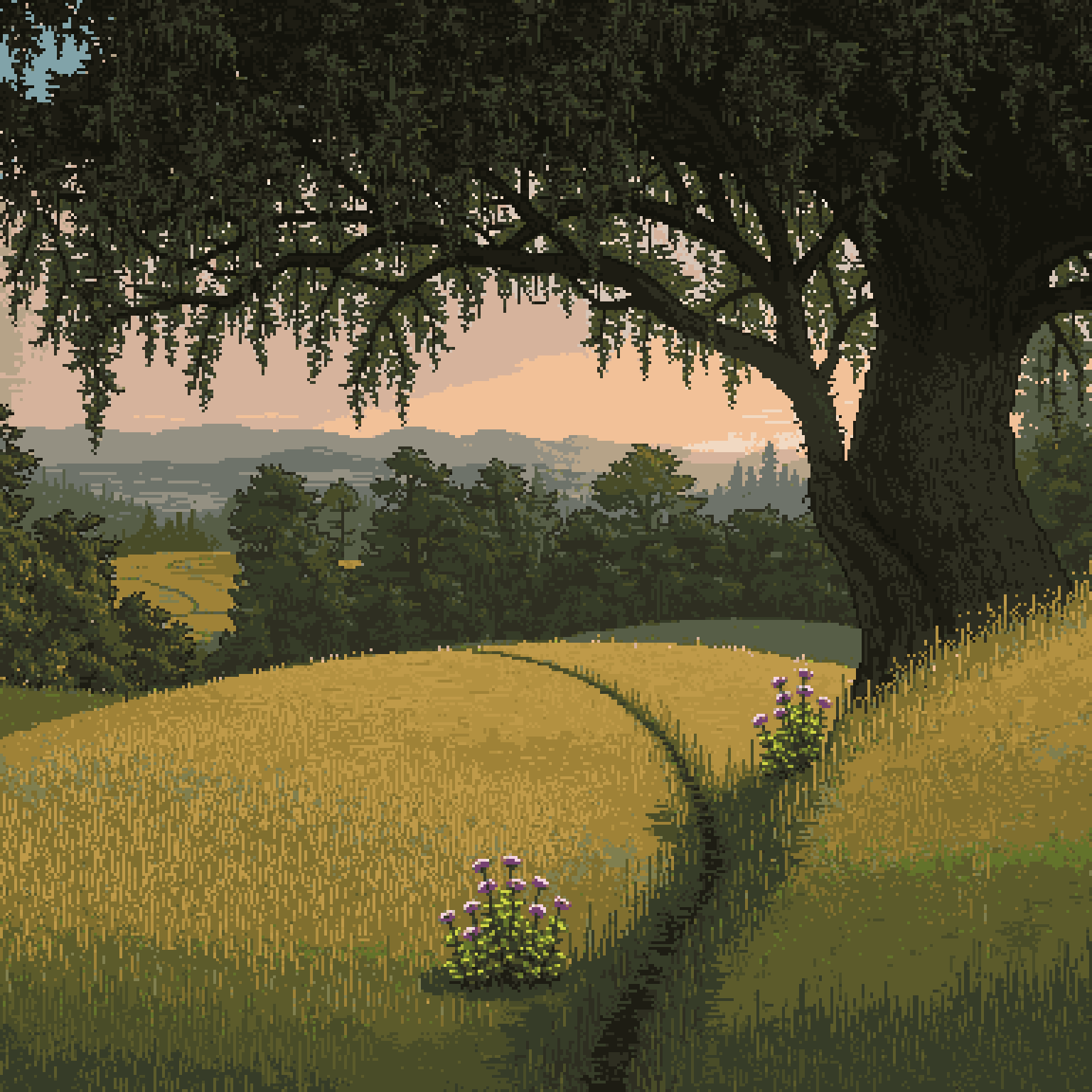 Pixel-art great oak over a golden meadow with a winding path