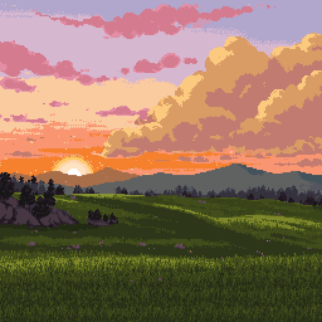 Pixel-art sunset over rolling green hills and distant mountains