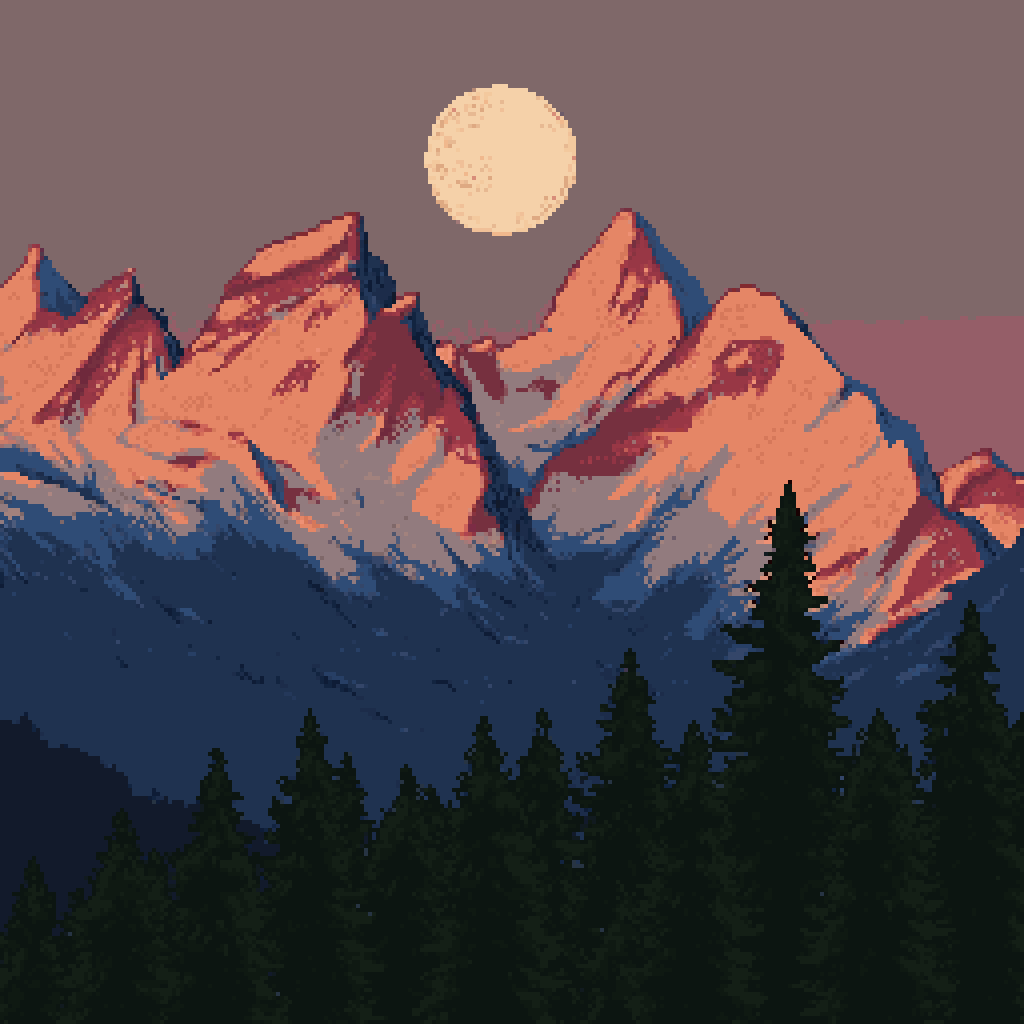 Pixel-art pink-lit jagged peaks under a moon, with a dark pine forest