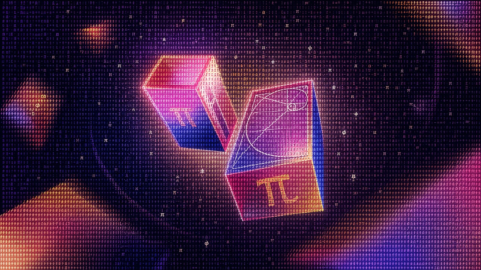 Code-art of floating cubes and equations in cosmic colours, formed from tiny characters