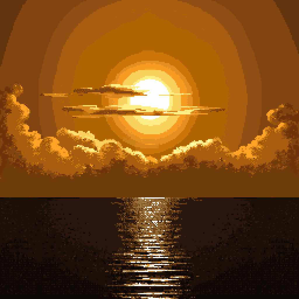 Pixel-art sun setting over the sea with a shimmering reflection