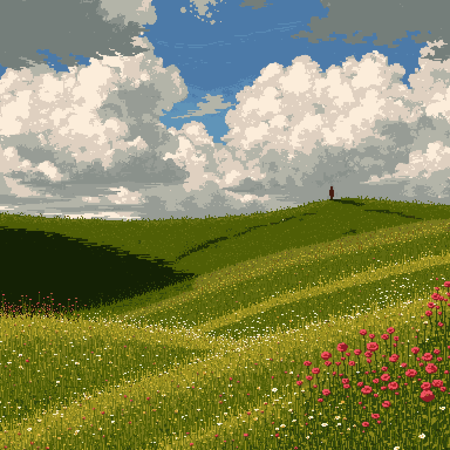 Pixel-art green hills and wildflowers under a bright cloudy sky